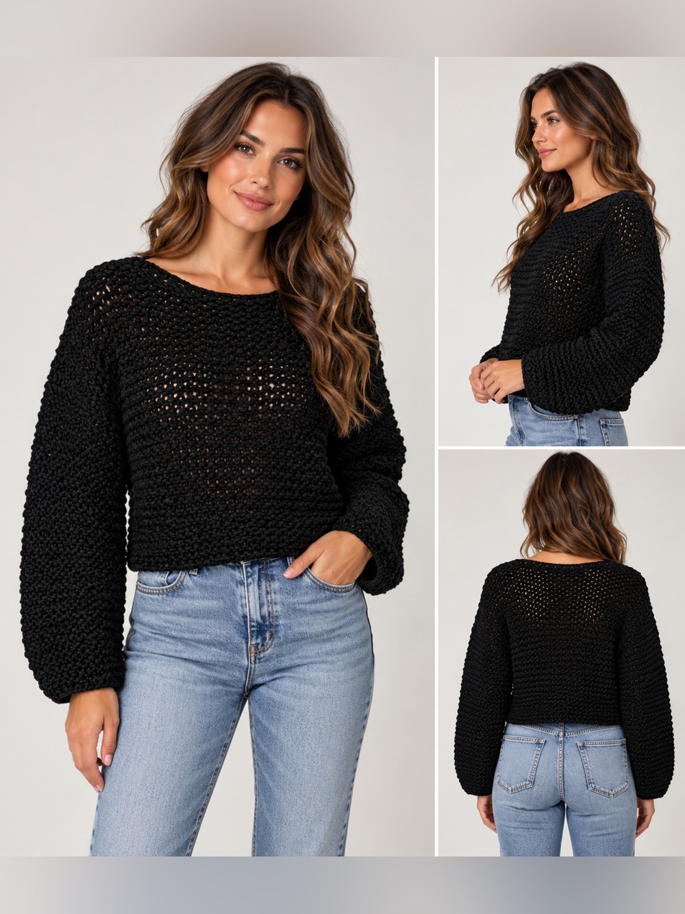 Vince 100% Organic Cotton Black Open Knit Cropped Sweater XS